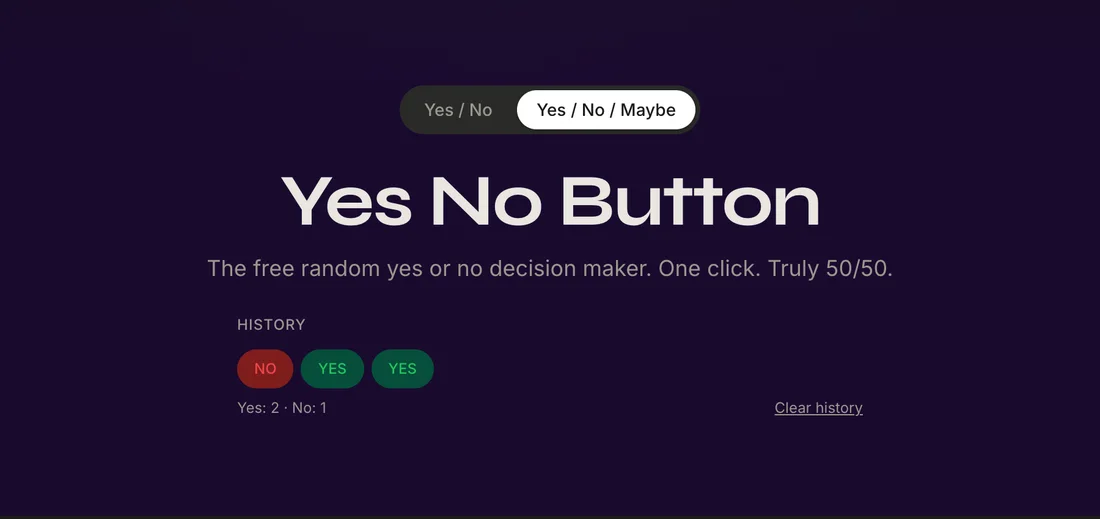 History tracker showing recent Yes and No results with a running tally
