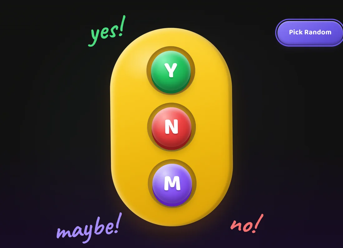 Yes No Maybe toy button showing the purple M button for a third option